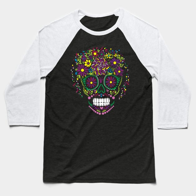 Flowery Sugar Skull Baseball T-Shirt by Velvet Love Design 